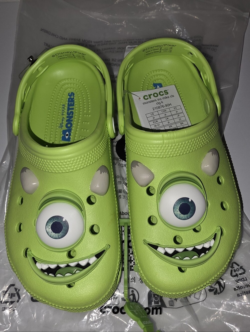 Crocs Monsters Inc Mike Wazowski Clogs Youth Big Kids Size J4 Disney Pixar NEW